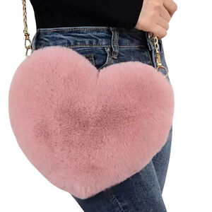 Pink Heart Faux Fur Fluffy Shoulder Fashion Chain Crossbody Bag Cute Purse